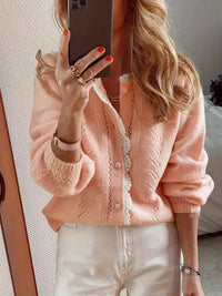 Women's Knit Cardigan – White Lace Trim And Round Neck