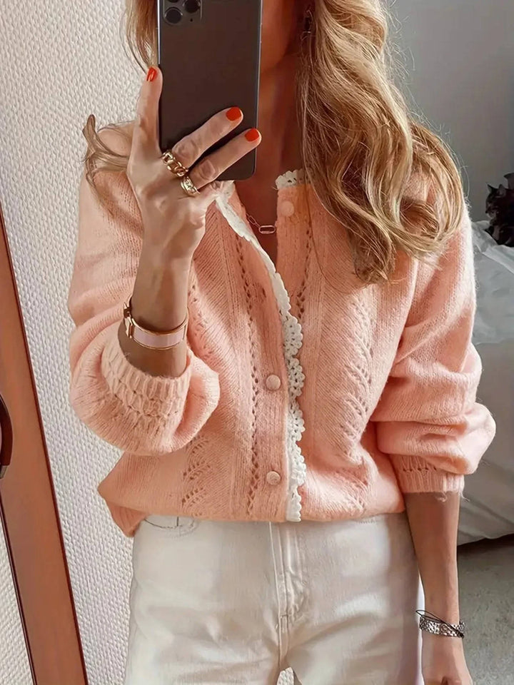 Women's Knit Cardigan – White Lace Trim And Round Neck