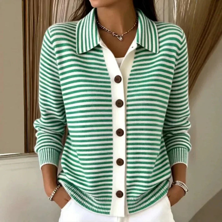 Women's Knit Cardigan – Striped Knit Collar And Contrast Button Placket