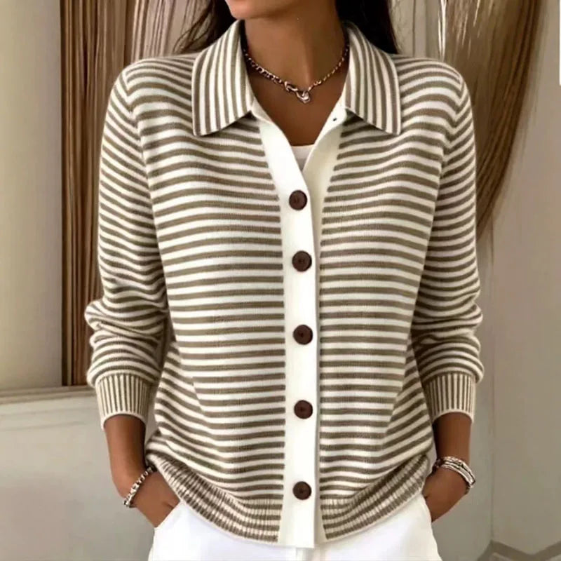 Women's Knit Cardigan – Striped Knit Collar And Contrast Button Placket