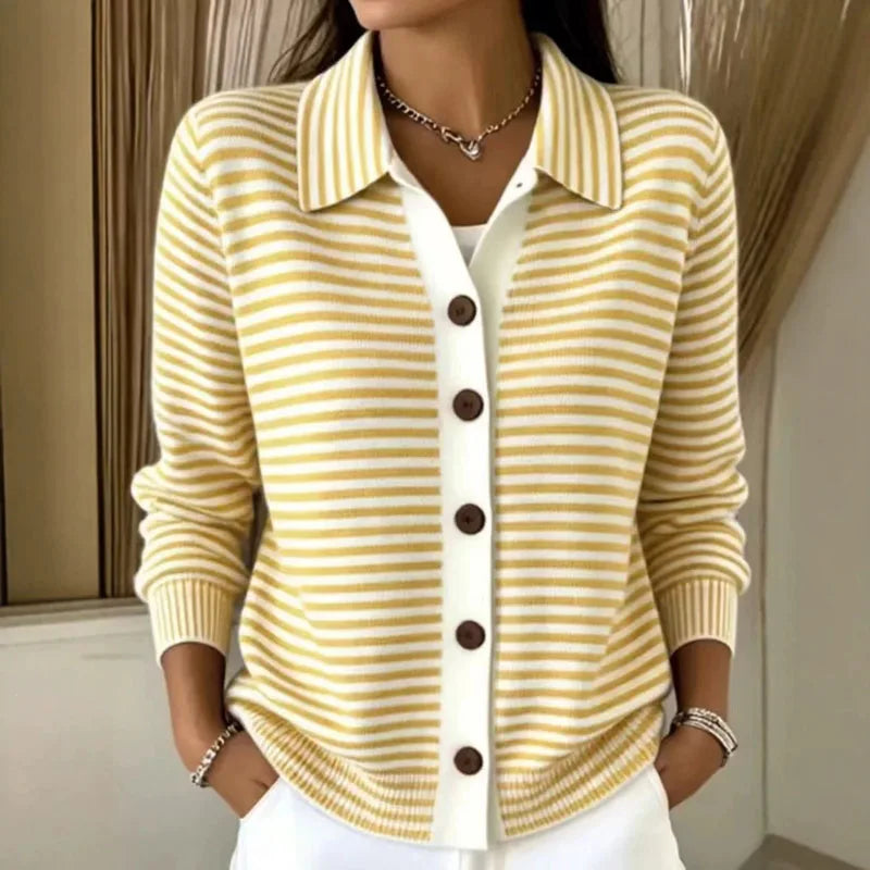 Women's Knit Cardigan – Striped Knit Collar And Contrast Button Placket
