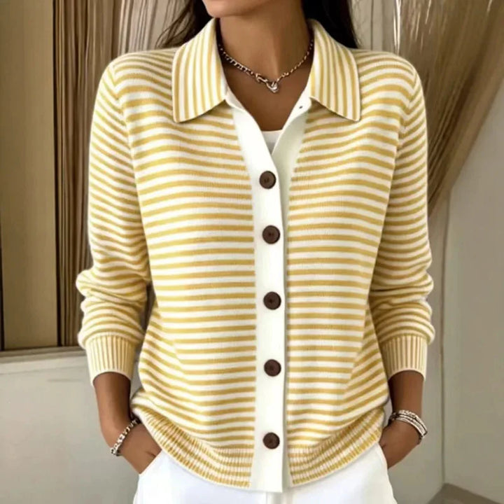 Women's Knit Cardigan – Striped Knit Collar And Contrast Button Placket