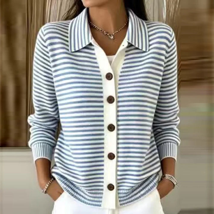 Women's Knit Cardigan – Striped Knit Collar And Contrast Button Placket
