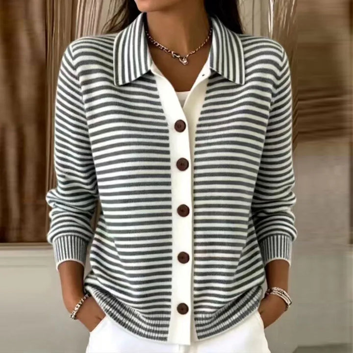 Women's Knit Cardigan – Striped Knit Collar And Contrast Button Placket