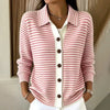 Women's Knit Cardigan – Striped Knit Collar And Contrast Button Placket