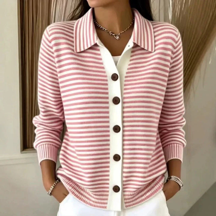 Women's Knit Cardigan – Striped Knit Collar And Contrast Button Placket
