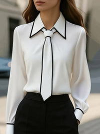 Women's Olivia – Elegant Tie Neck Contrast Collar Blouse