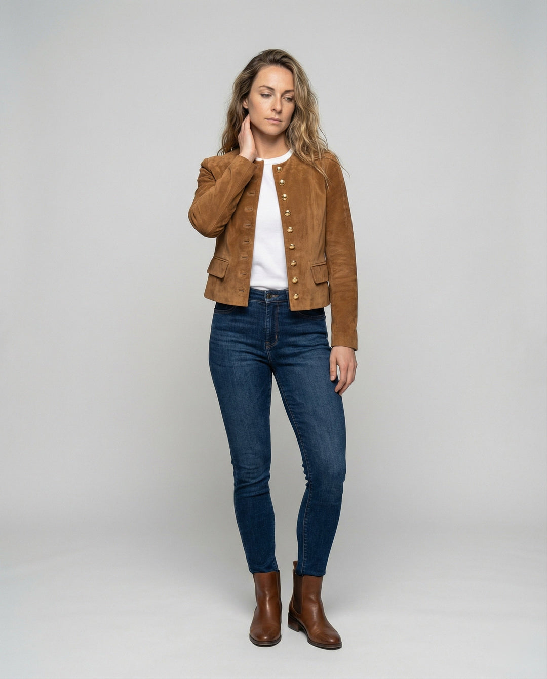 Women's Jacket – Faux Suede Collarless Gold-Button