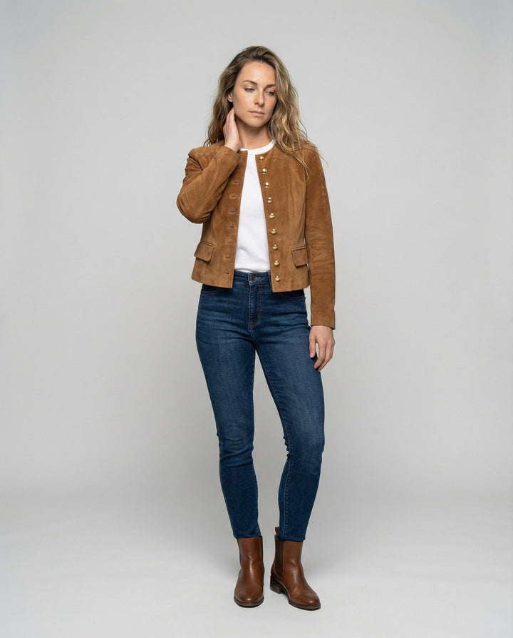 Women's Jacket – Faux Suede Collarless Gold-Button