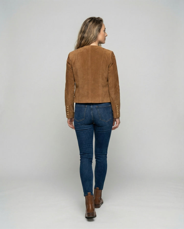Women's Jacket – Faux Suede Collarless Gold-Button