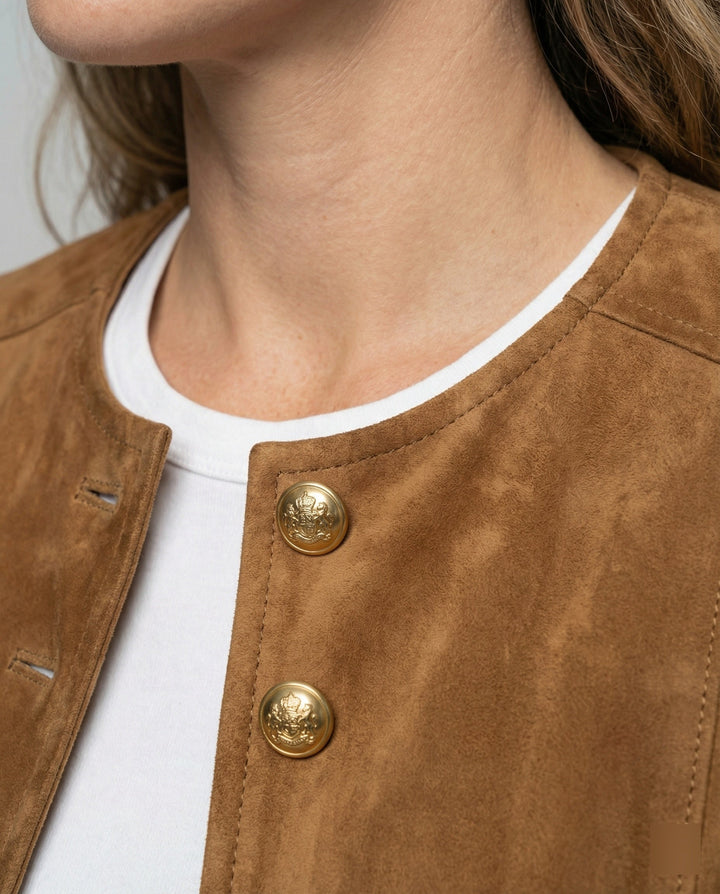 Women's Jacket – Faux Suede Collarless Gold-Button