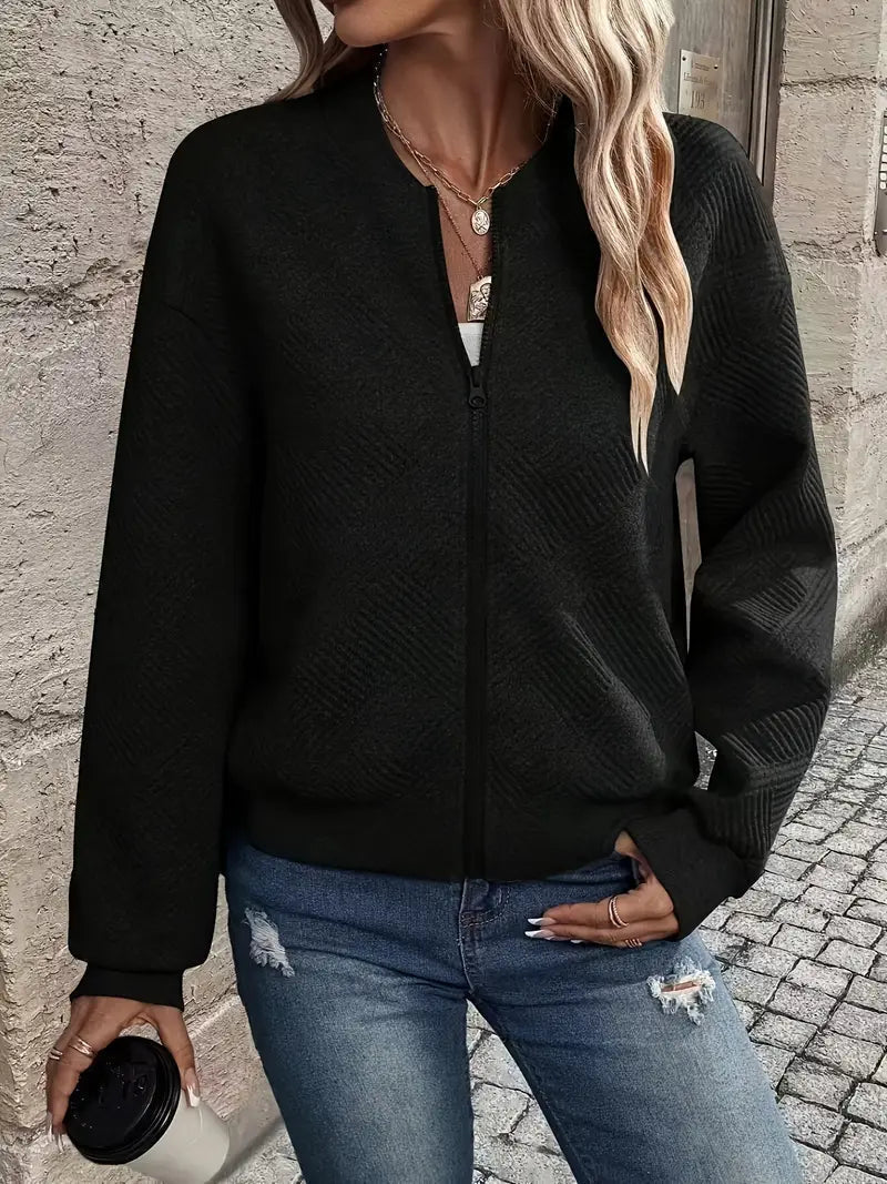 Women's Knit Cardigan – Textured Knit Zip-Up Ribbed Trim