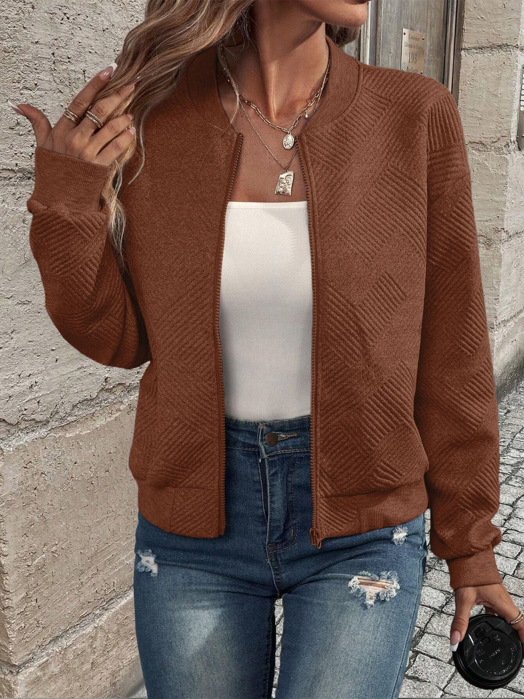 Women's Knit Cardigan – Textured Knit Zip-Up Ribbed Trim