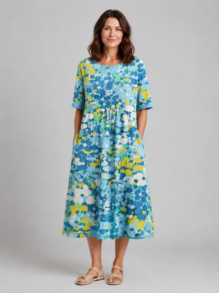 Women's Abstract Print Midi Dress with Pockets – Summer Holiday Style in Light Blue | Invictora.com