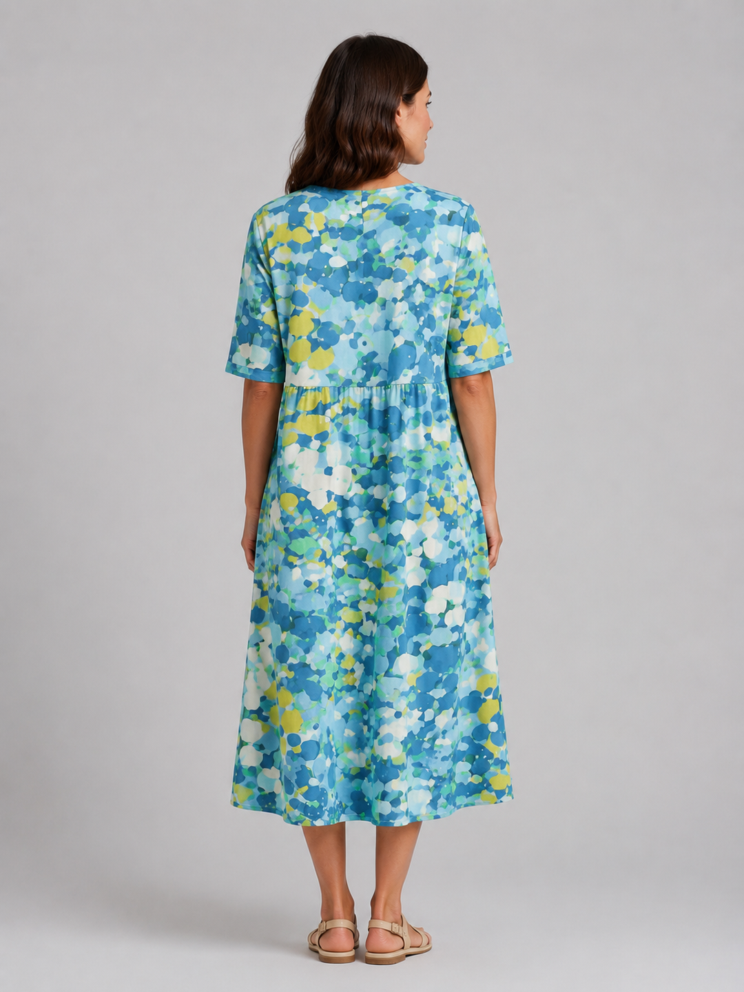 Women's Abstract Print Midi Dress with Pockets – Summer Holiday Style in Light Blue | Invictora.com