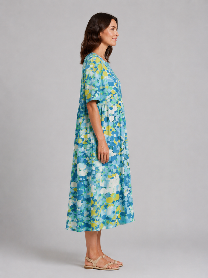 Women's Abstract Print Midi Dress with Pockets – Summer Holiday Style in Light Blue | Invictora.com