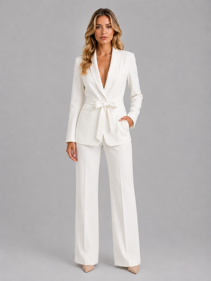 Women's Belted Blazer & Wide Leg Trouser Co-Ord Set – Tailored Two-Piece Suit in White | Invictora.com