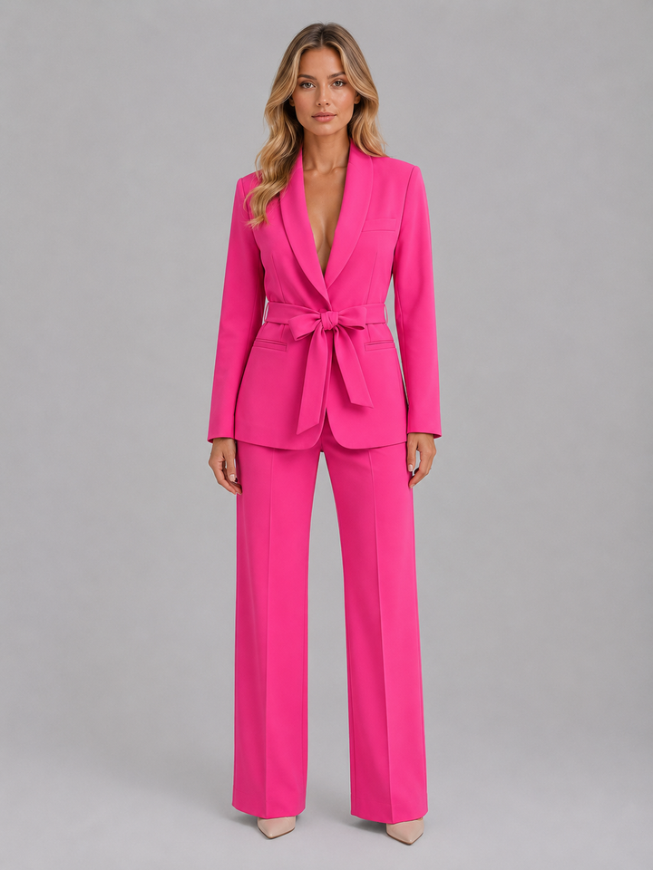 Women's Belted Blazer & Wide Leg Trouser Co-Ord Set – Tailored Two-Piece Suit in White | Invictora.com