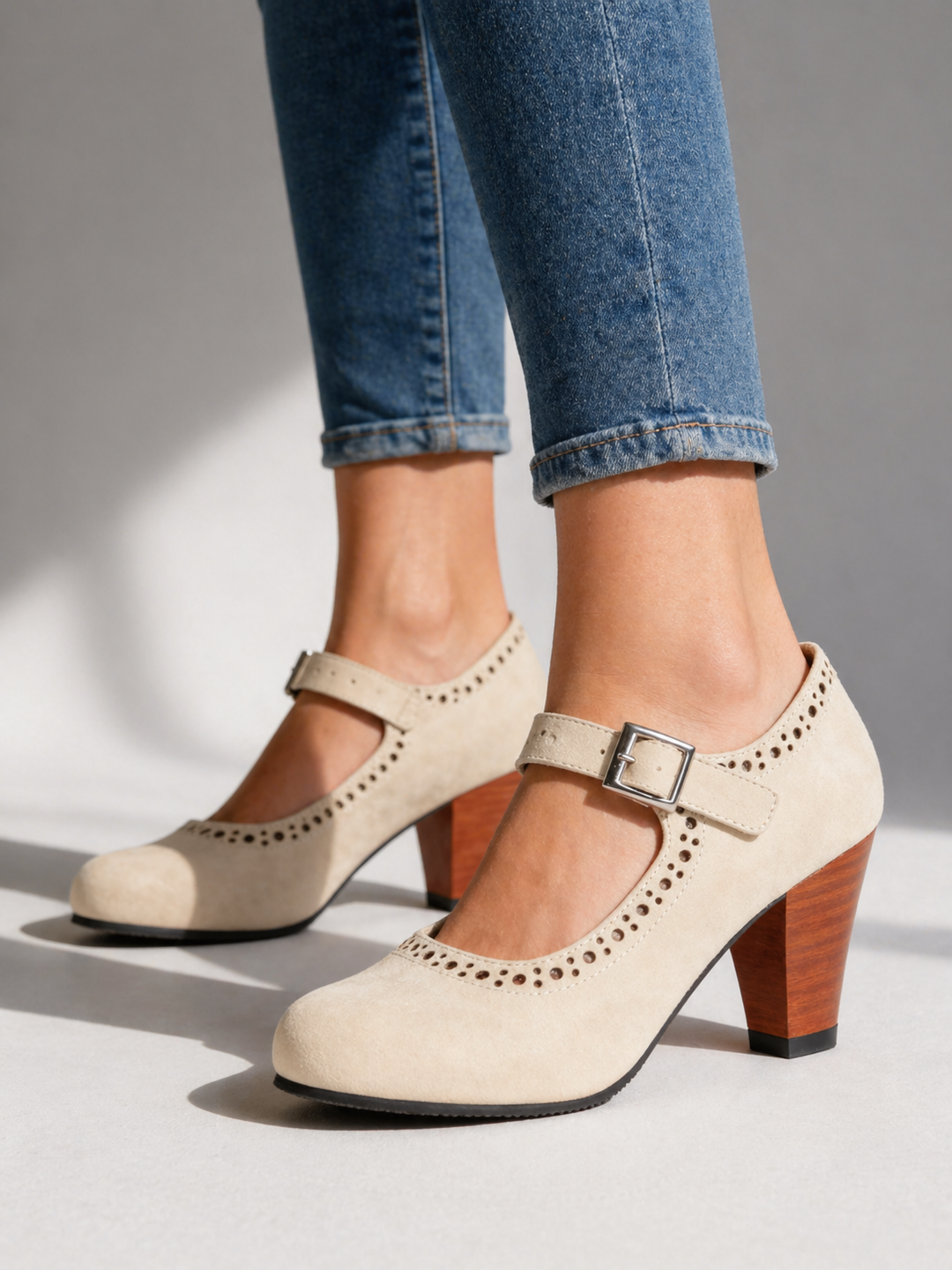 Women's Block Heel Mary Jane Shoes - Classic Brogue Design product image | Invictora.com