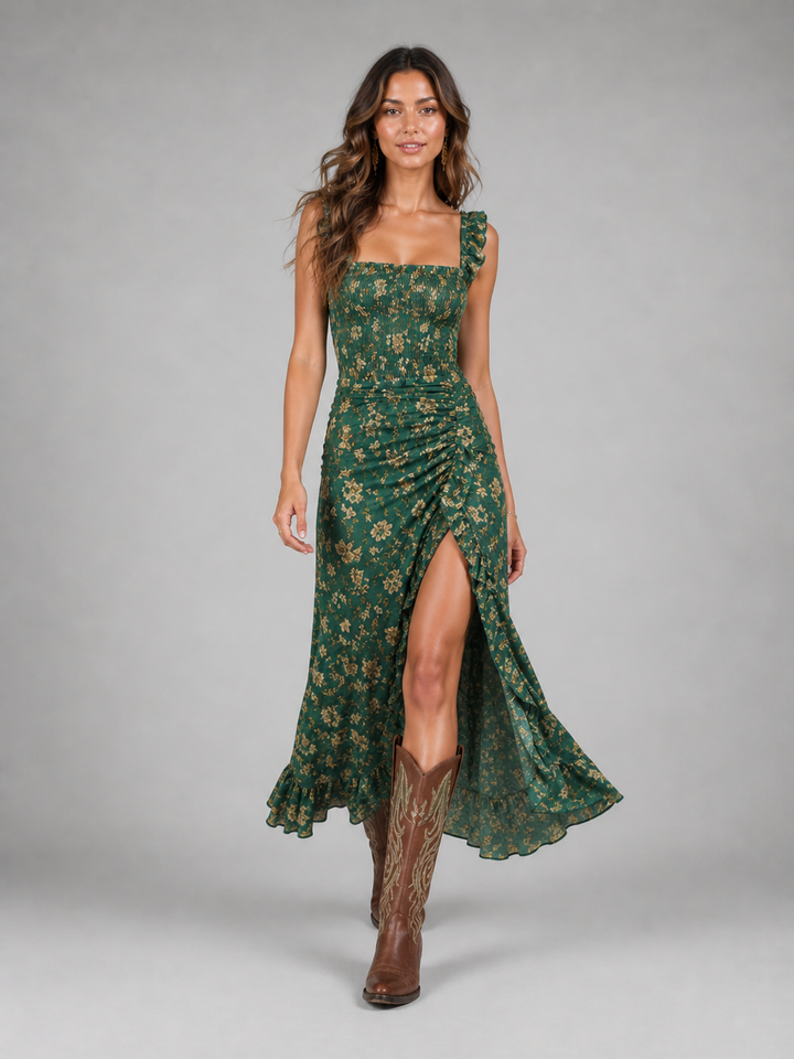 Women's Boho Floral Side Slit Maxi Dress – Flowing Silhouette | Invictora.com