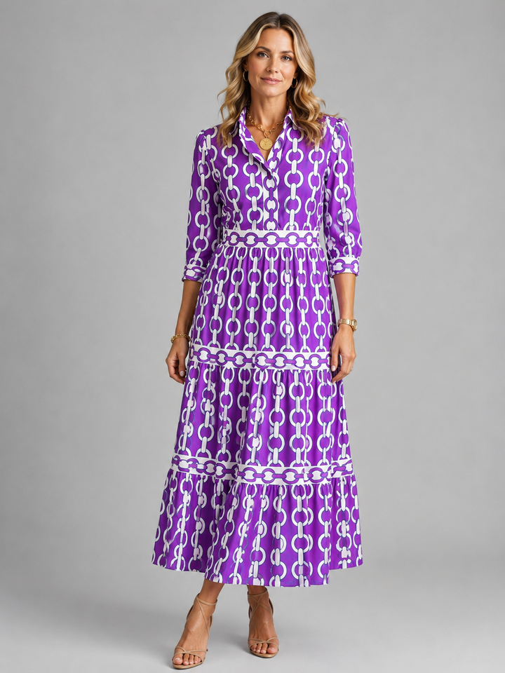 Women's Chain Print Midi Dress – Flattering Relaxed Fit in Blue | Invictora.com