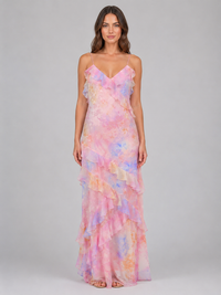 Women's Chiffon Floral Ruffle Maxi Dress – Wedding Guest Occasion