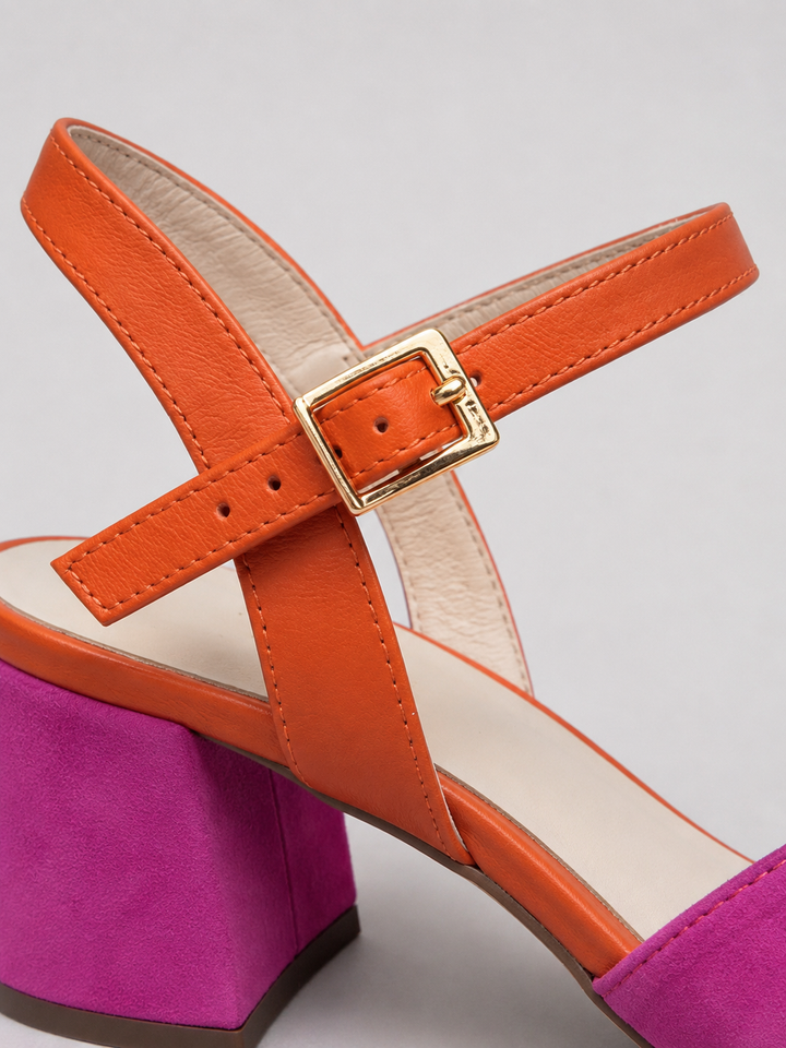 Women's Colour Block Heeled Sandals – Cushioned Block Heel in Pink | Invictora.com