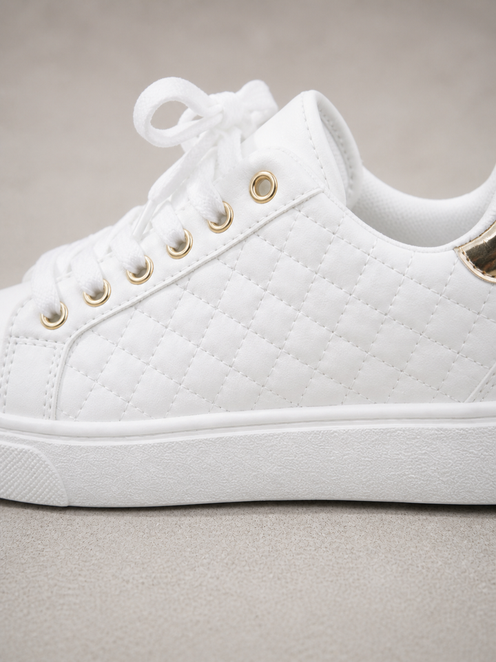 Women's Comfort Trainers – Quilted Leather Look Shoes in White | Invictora.com