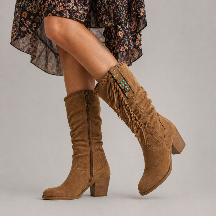 Women's Cowboy Fringe Boots – Mid-Calf Style in Brown | Invictora.com