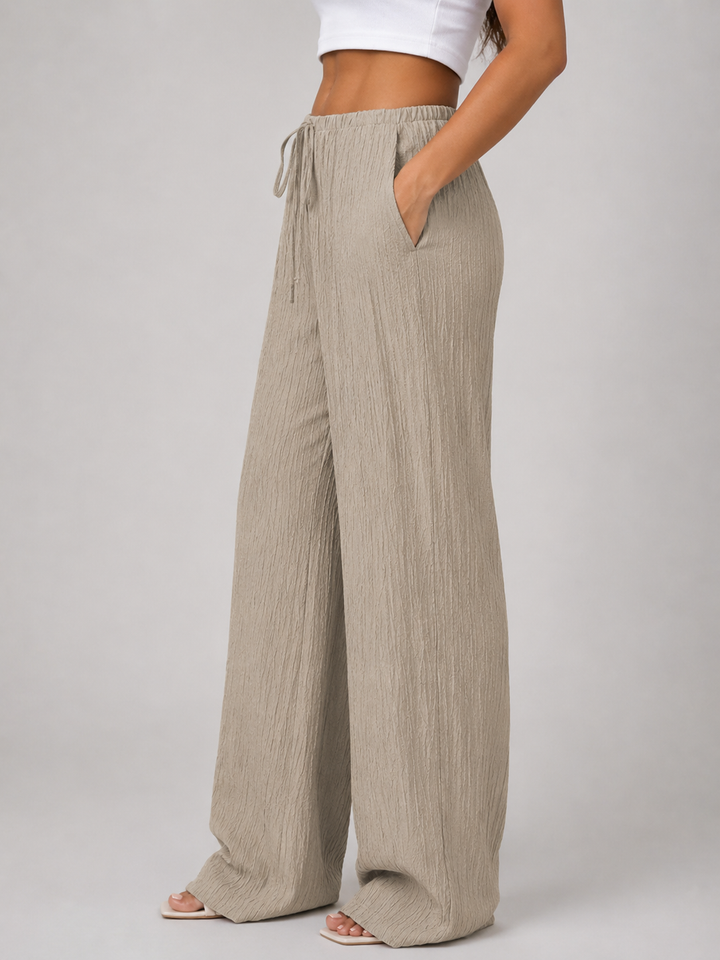 Women's Crinkle Wide Leg Trousers – Drawstring Waist in Sand Beige | Invictora.com
