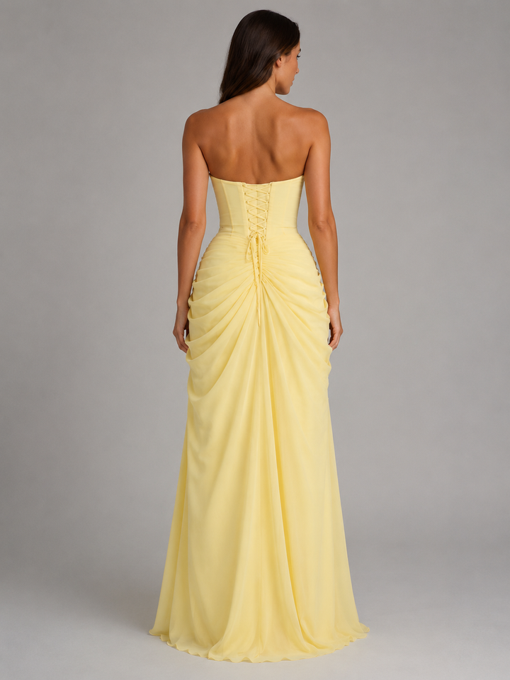 Women's Draped Corset Maxi Dress – Sculpted Fit in Yellow | Invictora.com
