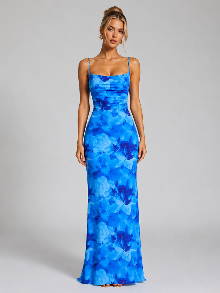 Women's Floral Bodycon Maxi Dress – Sculpted Elegant Silhouette in Blue | Invictora.com