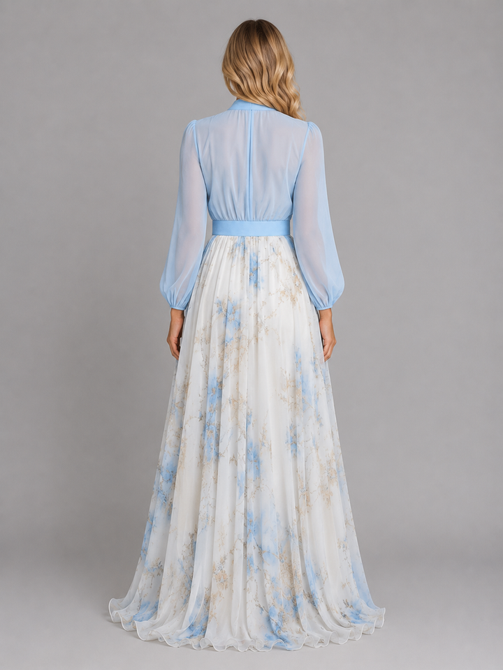 Women's Floral Chiffon Maxi Dress – Flowing Silhouette in Light Blue | Invictora.com