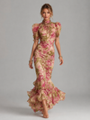 Women's Floral Chiffon Maxi Dress – Puff Sleeve Fishtail Gown | Invictora.com