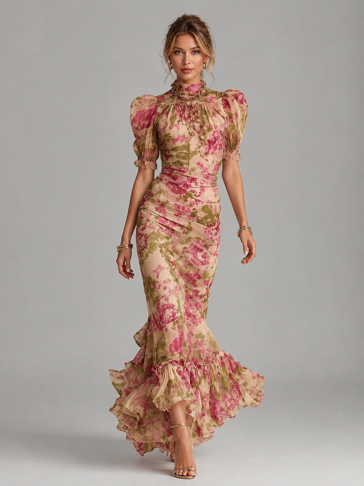 Women's Floral Chiffon Maxi Dress – Puff Sleeve Fishtail Gown | Invictora.com