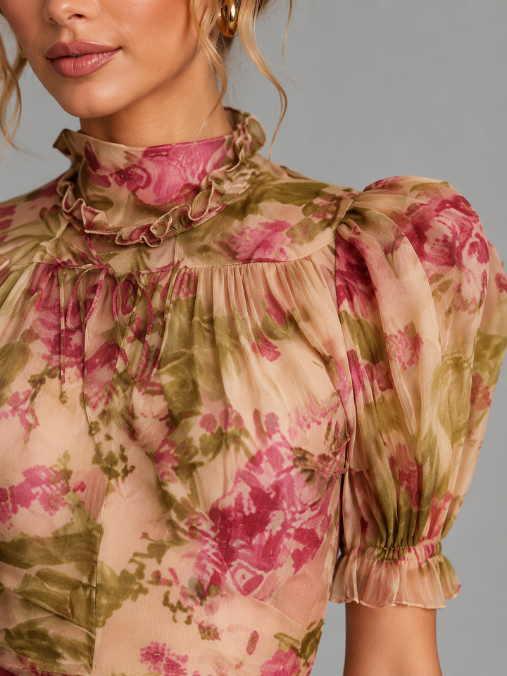 Women's Floral Chiffon Maxi Dress - Puff Sleeve Fishtail Gown product image | Invictora.com