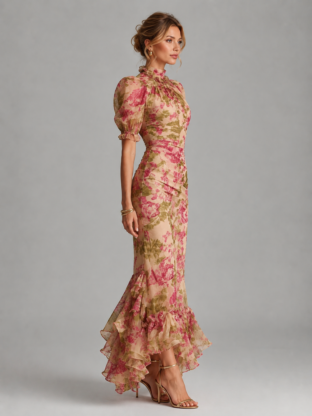 Women's Floral Chiffon Maxi Dress - Puff Sleeve Fishtail Gown product image | Invictora.com