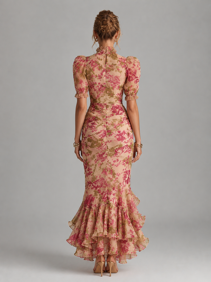 Women's Floral Chiffon Maxi Dress - Puff Sleeve Fishtail Gown product image | Invictora.com