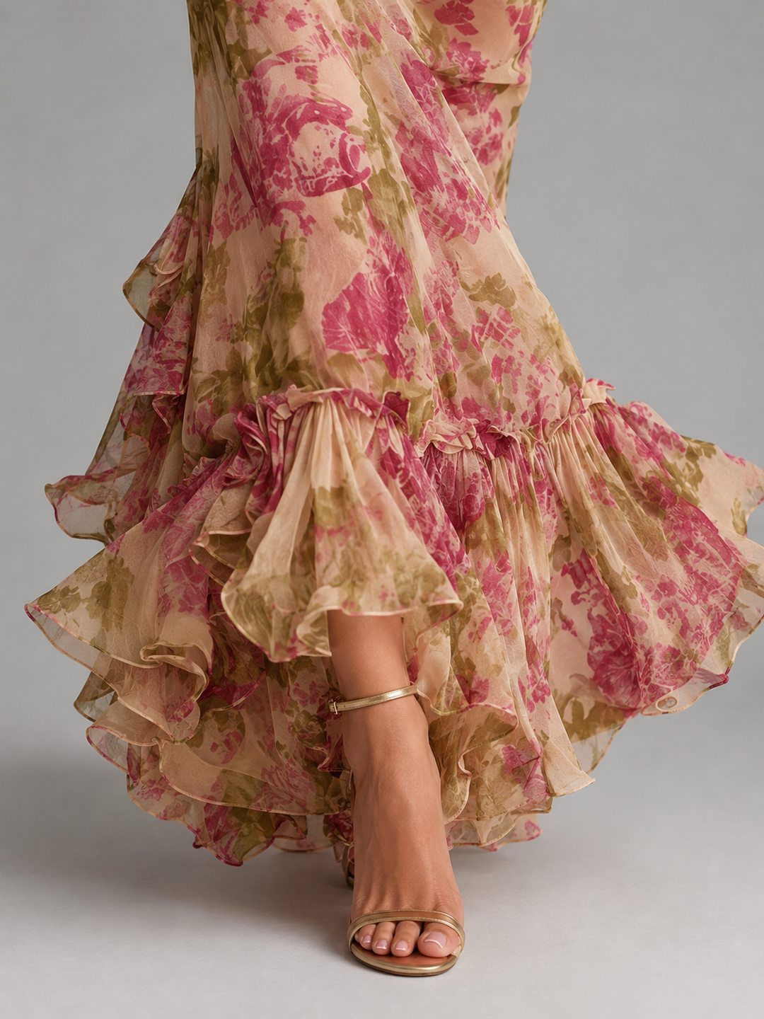 Women's Floral Chiffon Maxi Dress – Puff Sleeve Fishtail Gown in Pink | Invictora.com