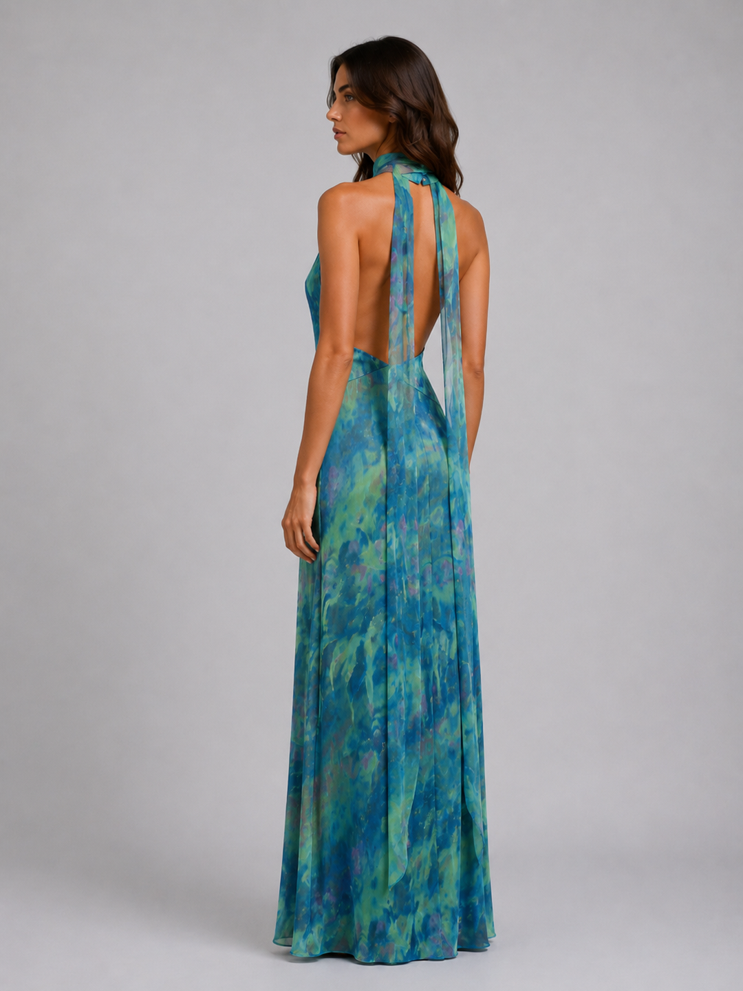 Women's Floral Chiffon Maxi Dress – Scarf Neck Halter Design in Turquoise | Invictora.com