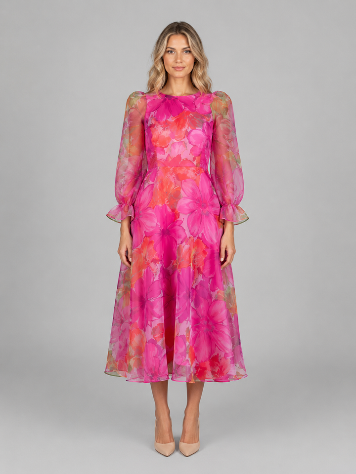 Women's Floral Chiffon Midi Dress – Summer Occasion Style in Pink | Invictora.com