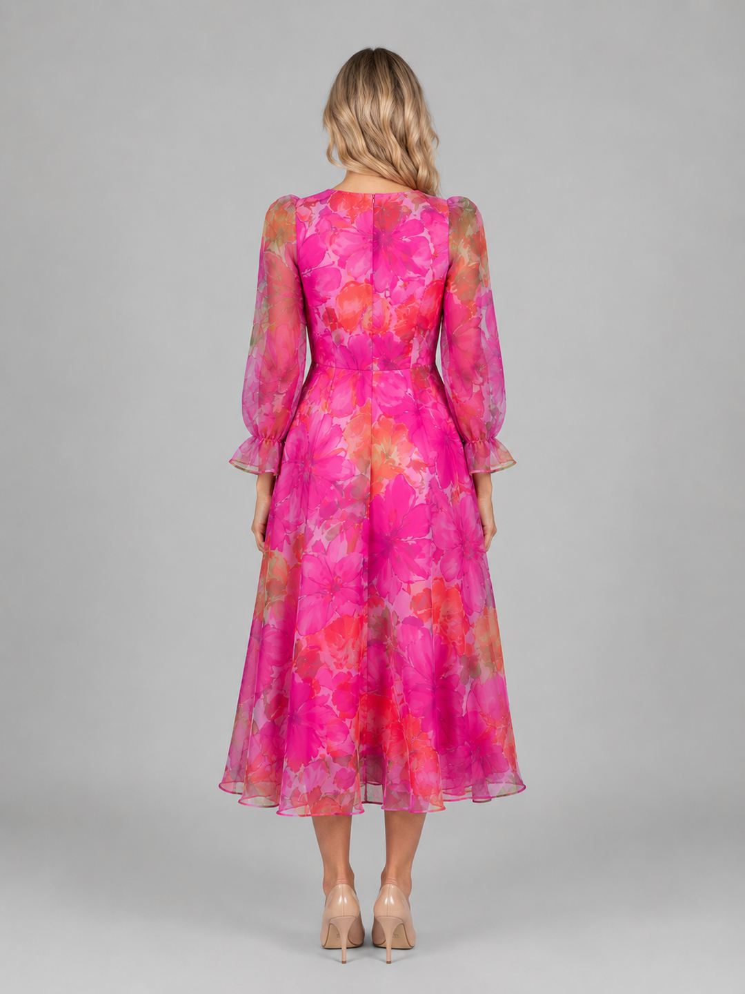 Women's Floral Chiffon Midi Dress – Summer Occasion Style in Pink | Invictora.com