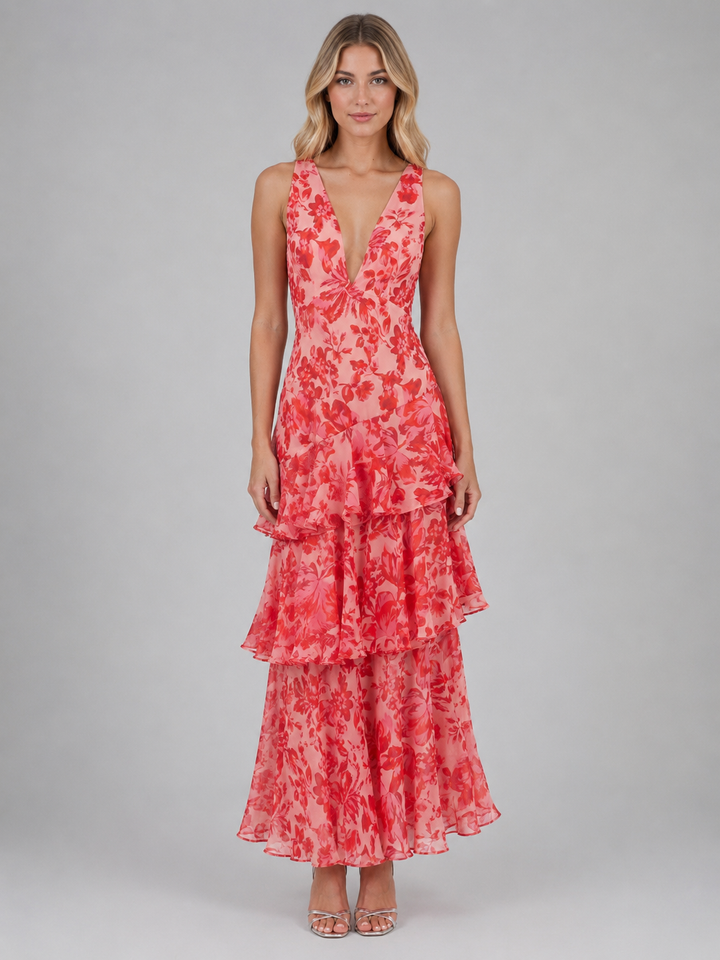 Women's Floral Chiffon Ruffle Maxi Dress - Summer Occassion Style product image | Invictora.com