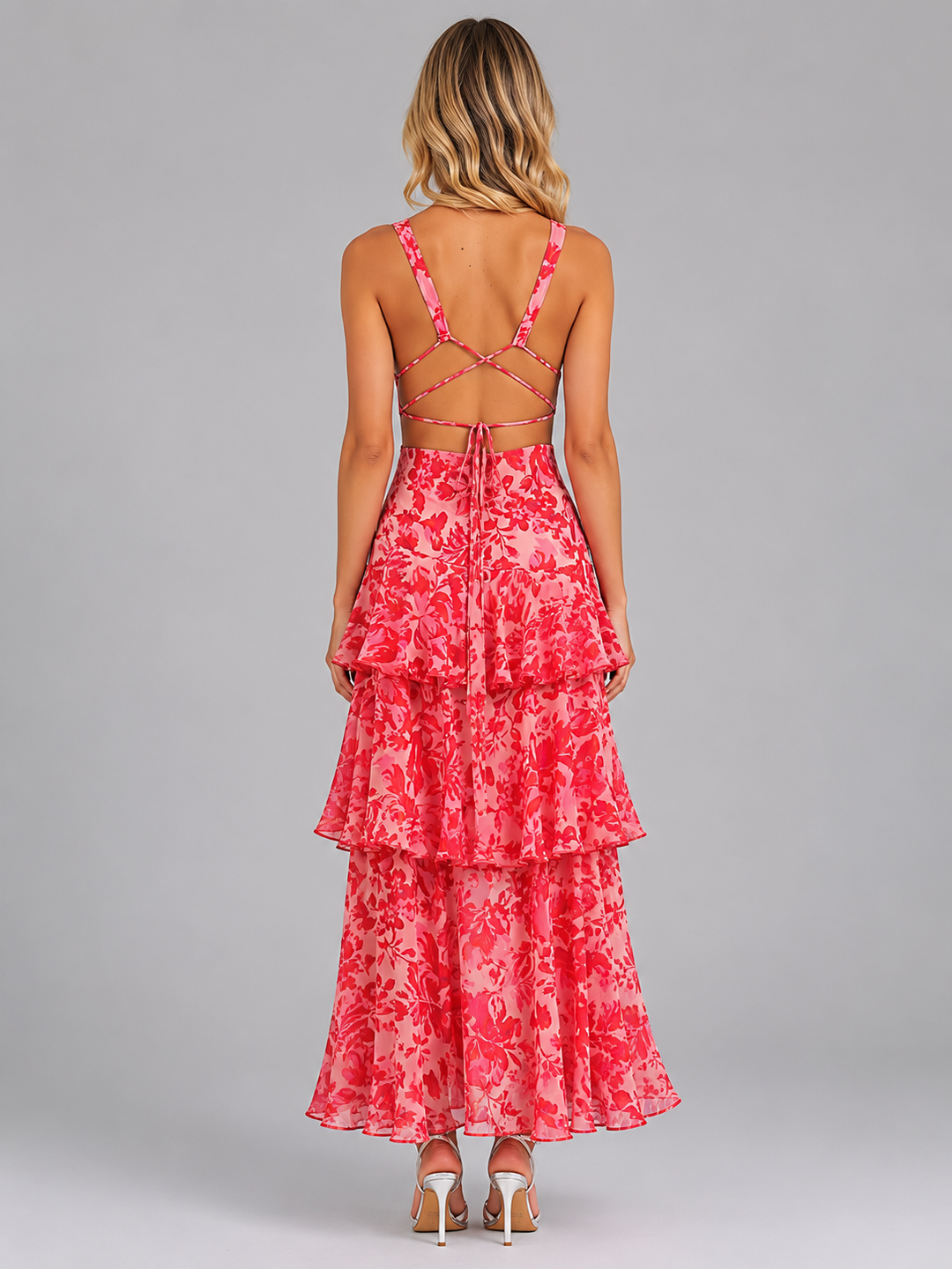 Women's Floral Chiffon Ruffle Maxi Dress – Summer Occassion Style in Red | Invictora.com