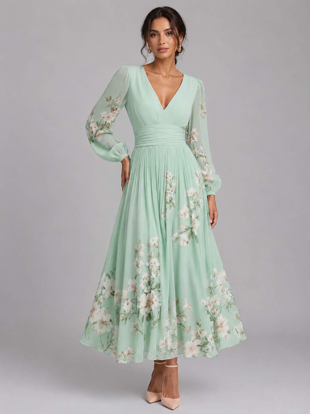 Women's Floral Chiffon V-Neck Midi Dress - Flowing A-Line Fit product image | Invictora.com