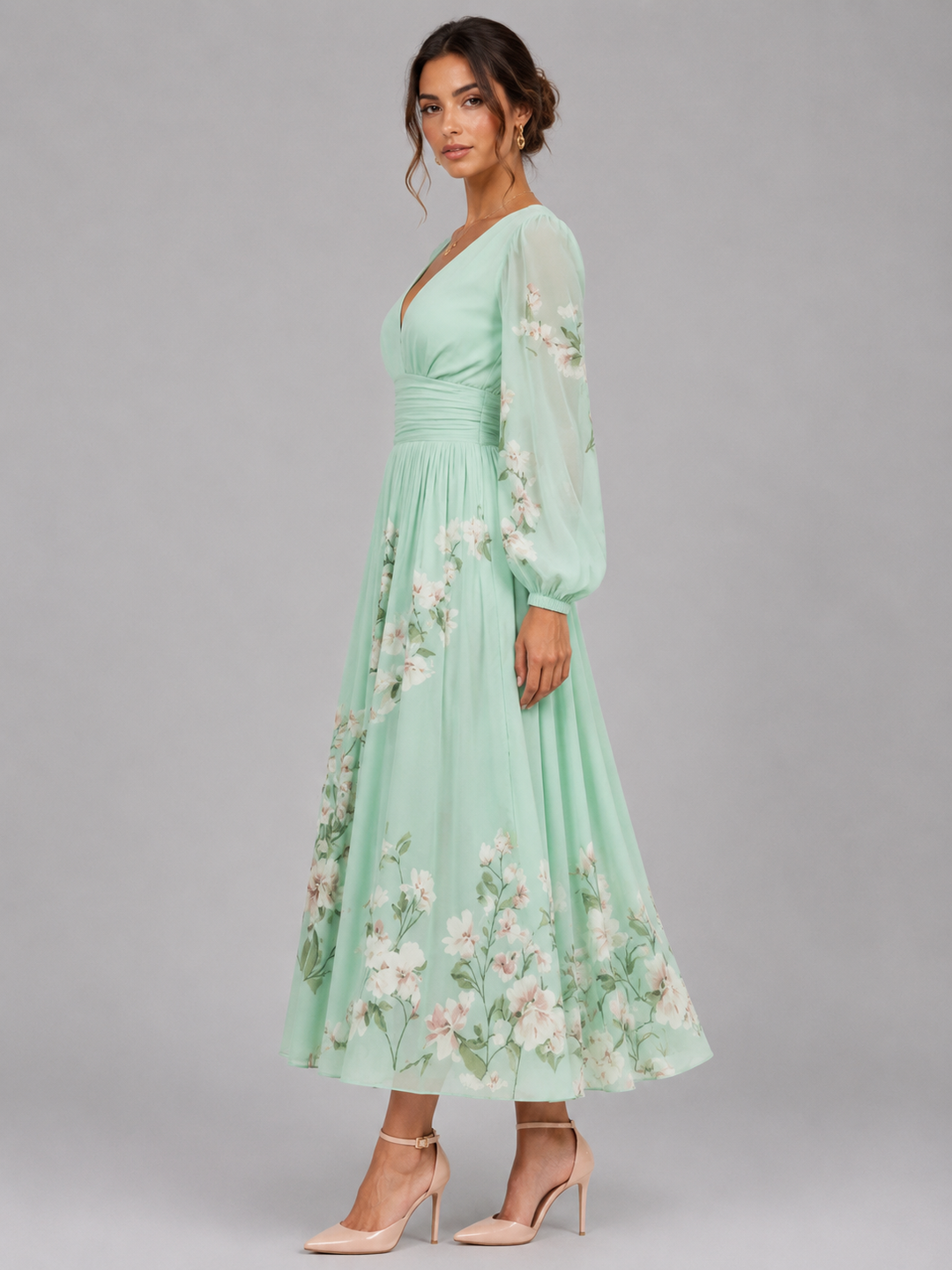 Women's Floral Chiffon V-Neck Midi Dress – Flowing A-Line Fit in Green | Invictora.com