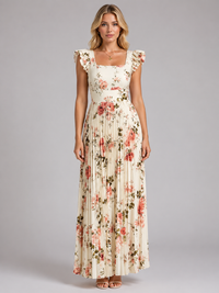 Women's Floral Pleated Maxi Dress – Ruffle Sleeve Flowing Fit