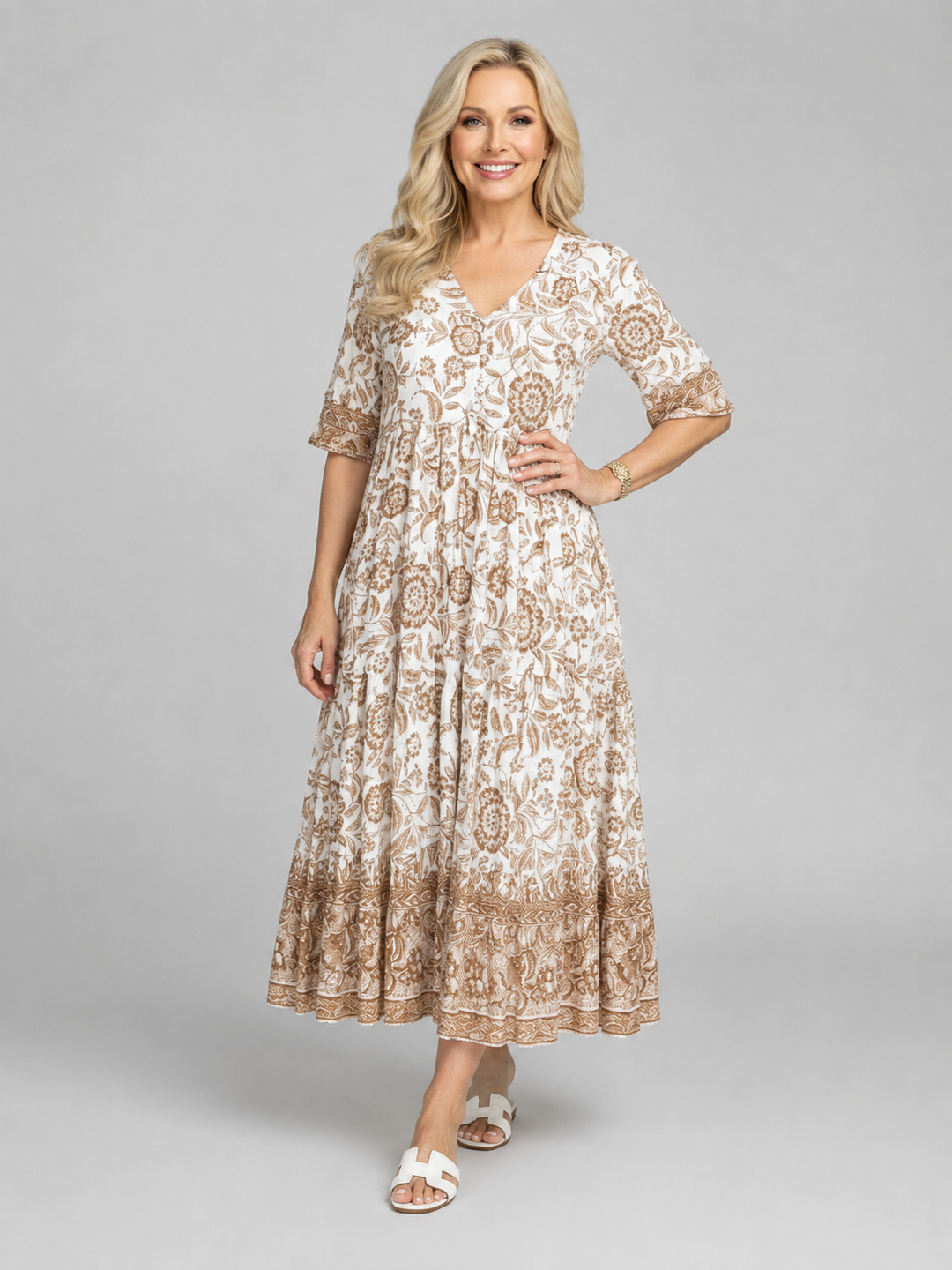 Women's Floral Print Midi Dress - V-Neck Tiered Summer Style product image | Invictora.com