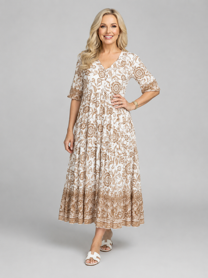 Women's Floral Print Midi Dress - V-Neck Tiered Summer Style product image | Invictora.com