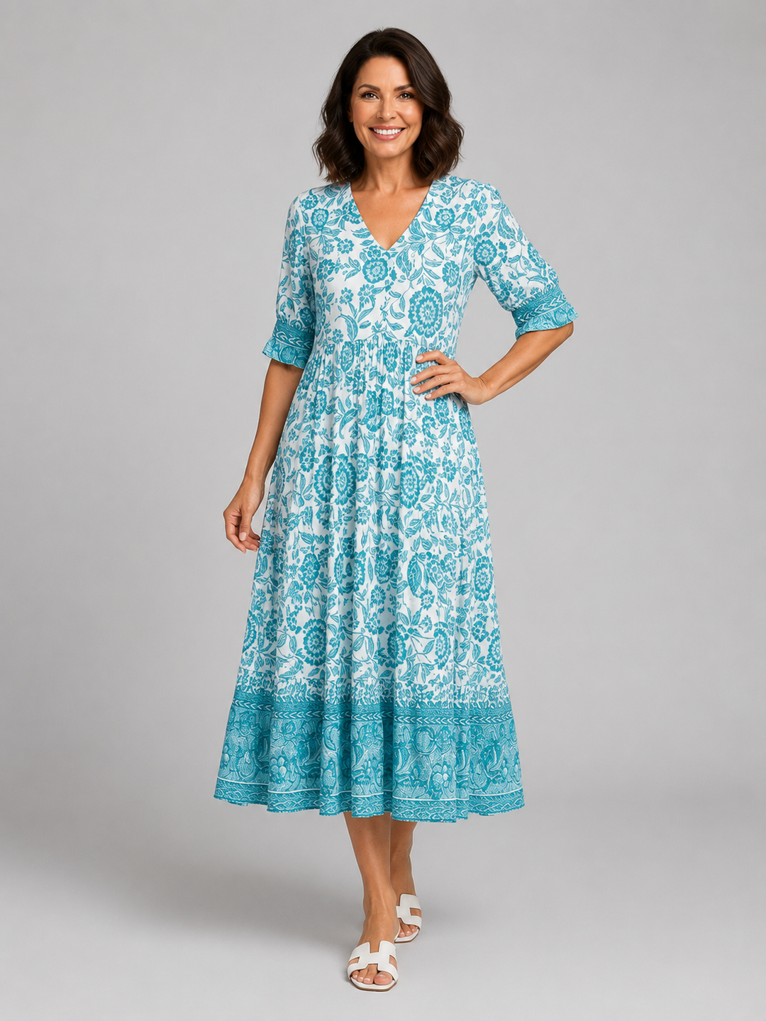 Women's Floral Print Midi Dress - V-Neck Tiered Summer Style product image | Invictora.com